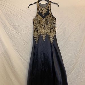 Davids Bridal Navy High Neck Long Dress